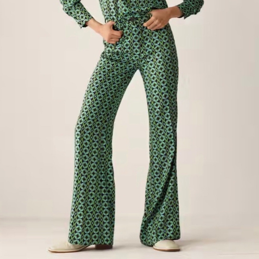 MNG Mango Green Blue Geometric Print Silky Wide Leg Pants NWT
